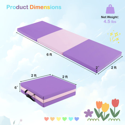 6 x 2 FT Tri-Fold Gym Mat with Handles and Removable Zippered Cover-Pink & Purple