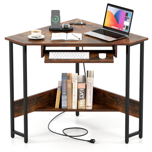 Triangle Corner Desk with Charging Station Keyboard Tray and Storage Shelf-Rustic Brown
