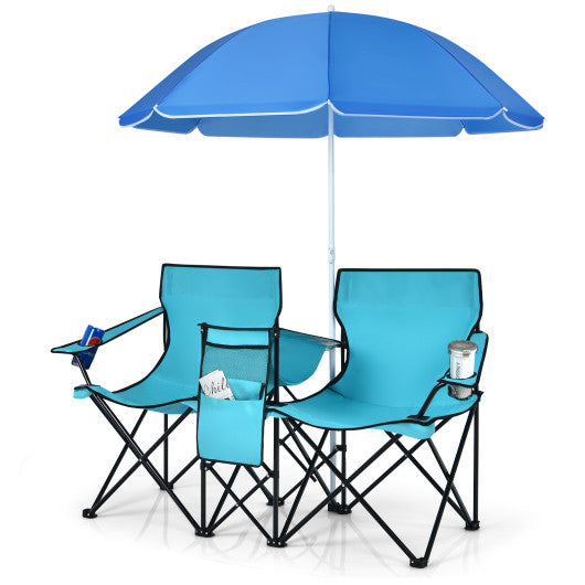 Portable Folding Picnic Double Chair With Umbrella-Turquoise