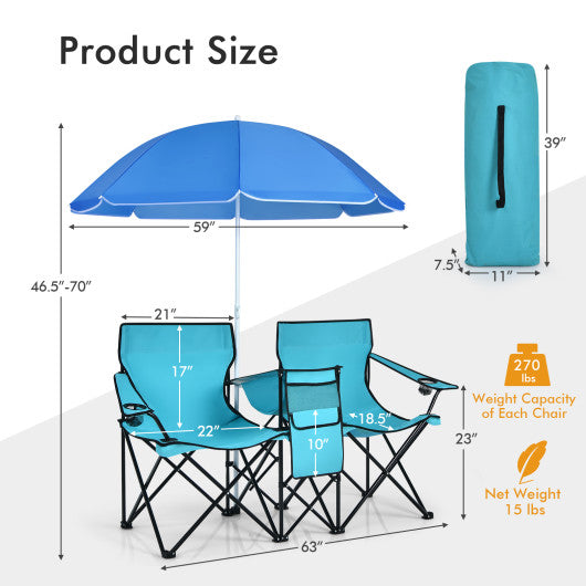 Portable Folding Picnic Double Chair With Umbrella-Turquoise