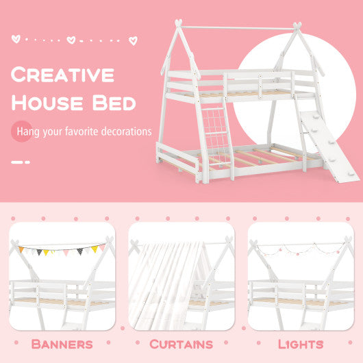 Twin Over Queen Bunk Bed Wooden Kids Bed with Climbing Nets and Ramp-White