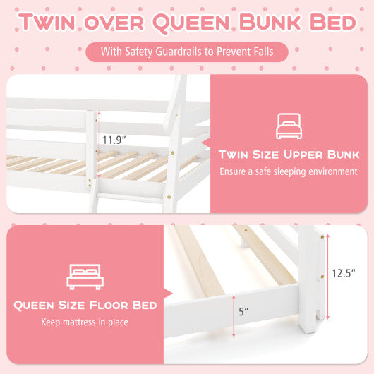 Twin Over Queen Bunk Bed Wooden Kids Bed with Climbing Nets and Ramp-White