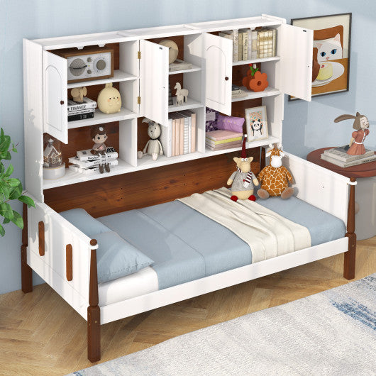 Twin Bed with Bookcase with Shelves and Wooden Slat Support No Box Spring Needed for Living Room Bedroom-White
