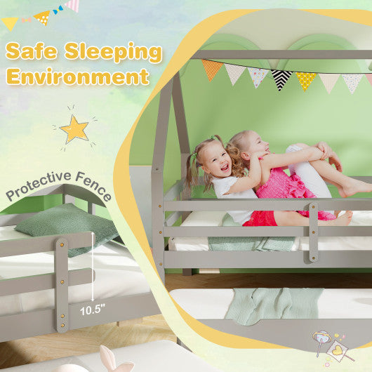 Twin House Bed with Trundle and Fence Rail-Gray