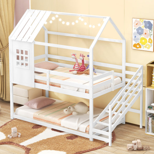 Twin House Bed with Stairs and Roof for Kids-White