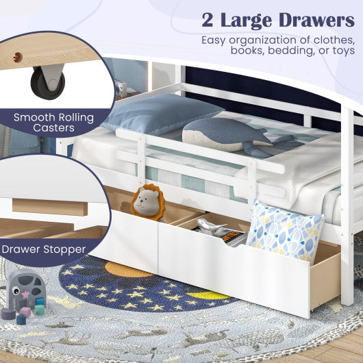 Twin House Bed with Tent and 2 Storage Drawers for Kids-White