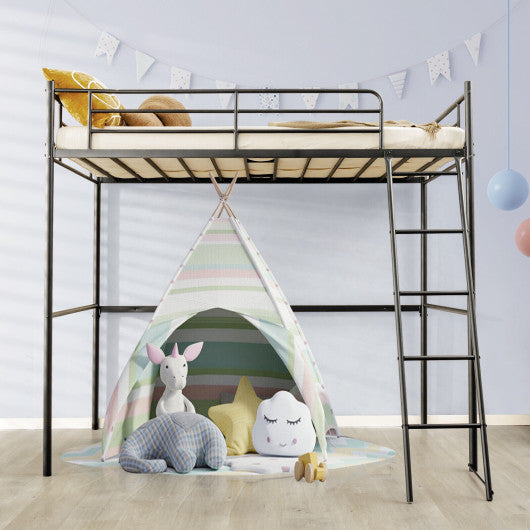 Twin Metal Loft Bed with Ladderand High Guard Rails