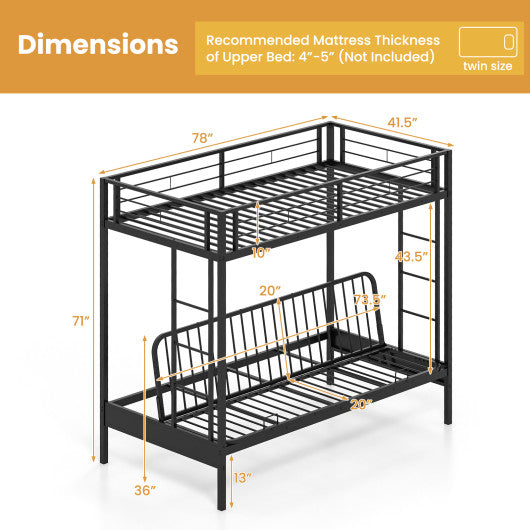 Twin Over Futon Bunk Bed with 2 Ladders and Safety Guardrails-Black