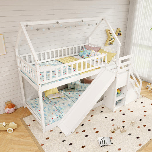 Twin Over Twin Bunk Bed with Slide and Staircase-White