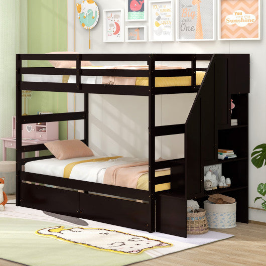 Twin Over Twin Bunk Bed with Storage Stairs and Drawers-Coffee