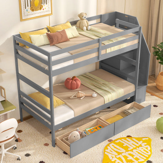 Twin Over Twin Bunk Bed with Storage Stairs and Drawers-Gray