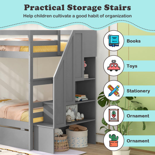 Twin Over Twin Bunk Bed with Storage Stairs and Drawers-Gray