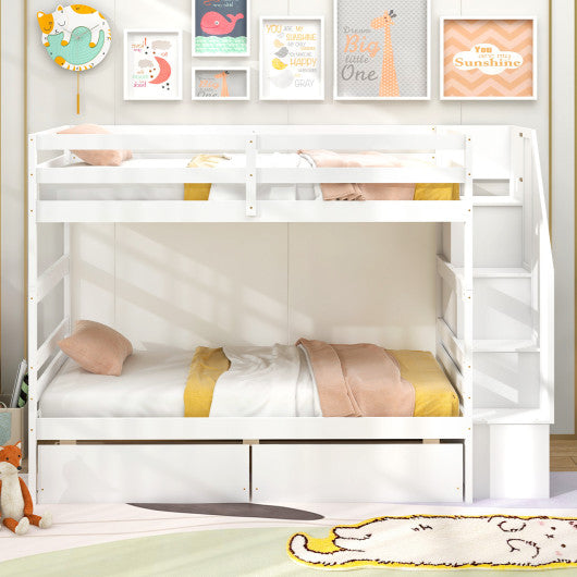 Twin Over Twin Bunk Bed with Storage Stairs and Drawers-White