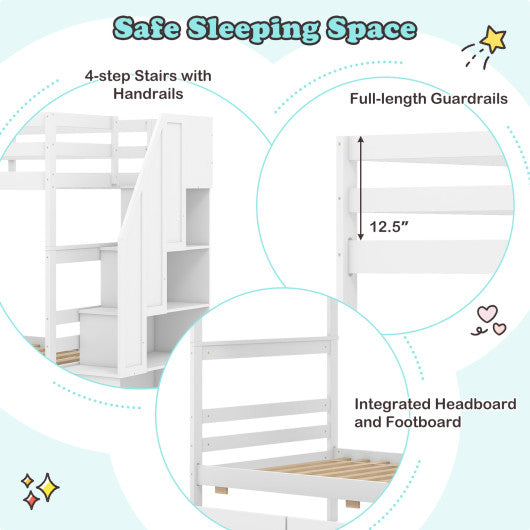 Twin Over Twin Bunk Bed with Storage Stairs and Drawers-White