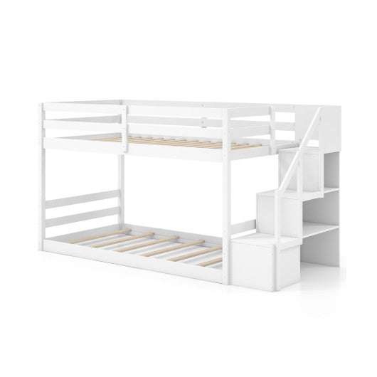Twin Over Twin Low Bunk Bed with Storage Stairs Solid Wood Floor Bunk Bed Frame-White