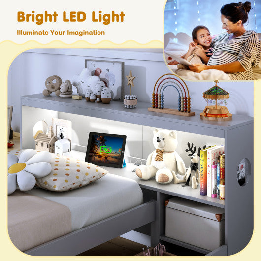 Twin Size Bed Frame with LED Light and Bookcase Headboard-Gray