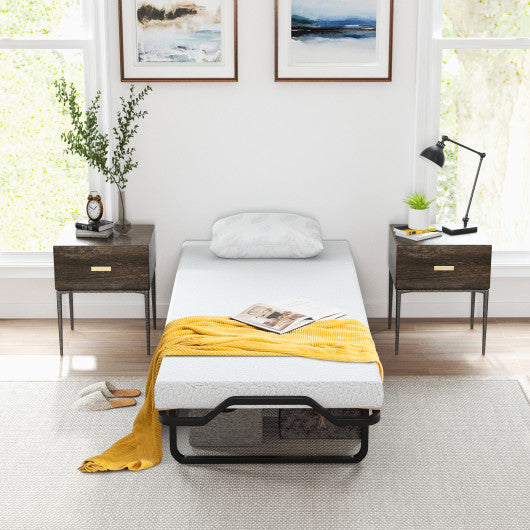 Twin Size Folding Bed with Foam Mattress and Lockable Wheels