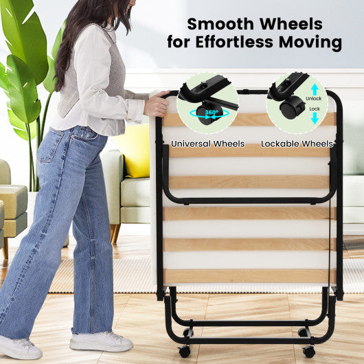 Twin Size Folding Bed with Foam Mattress and Lockable Wheels