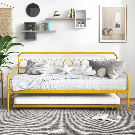 Twin Size Golden Metal Daybed with Trundle and Lockable Wheels-Twin Size