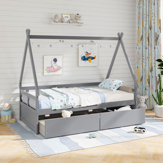 Twin Size House Bed with Roof and Safety Guardrail-Gray