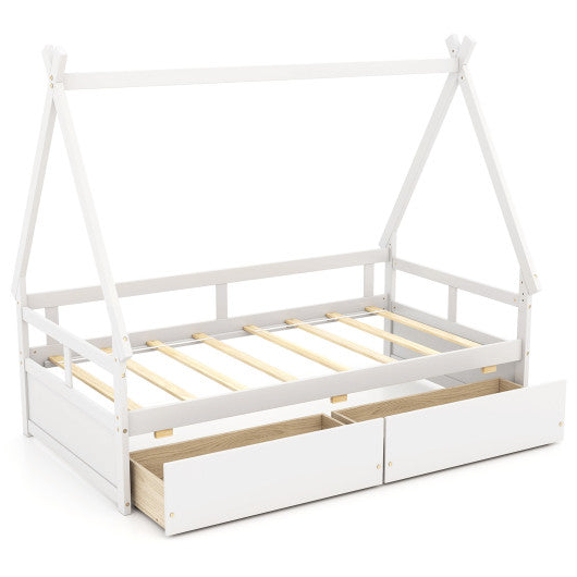 Twin Size House Bed with Roof and Safety Guardrail-White