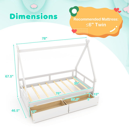 Twin Size House Bed with Roof and Safety Guardrail-White