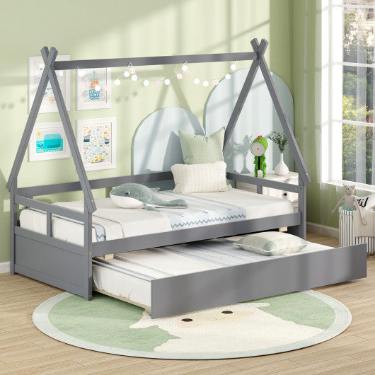 Twin Size House Bed with Trundle and Safety Guardrail-Gray