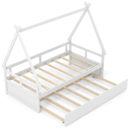 Twin Size House Bed with Trundle and Safety Guardrail-White