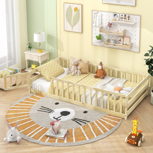 Twin Size Kids Wood Montessori Floor Bed with Door and Fence-Natural