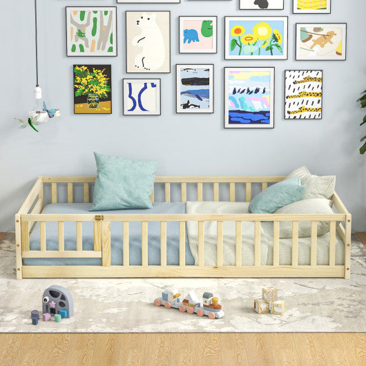 Twin Size Kids Wood Montessori Floor Bed with Door and Fence-Natural