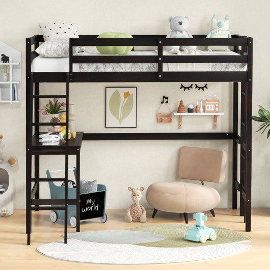 Twin Size Loft Bed Frame with Desk Angled and Built-in Ladder-Espresso