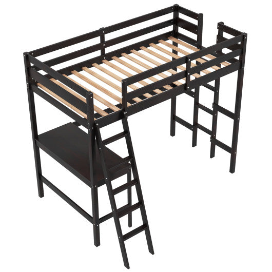 Twin Size Loft Bed Frame with Desk Angled and Built-in Ladder-Espresso
