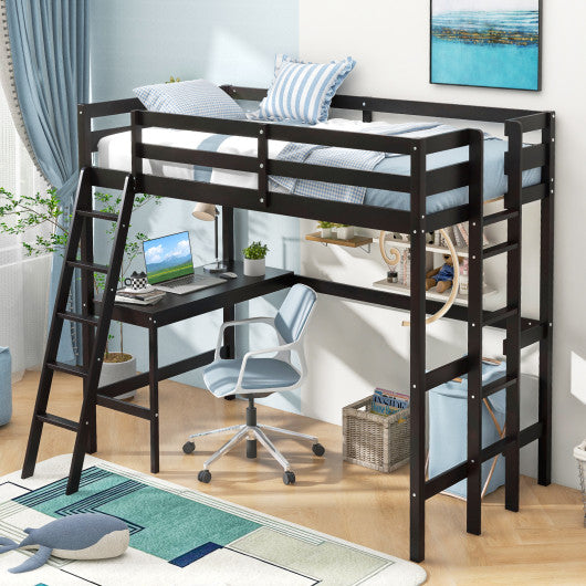 Twin Size Loft Bed Frame with Desk Angled and Built-in Ladder-Espresso