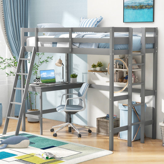 Twin Size Loft Bed Frame with Desk Angled and Built-in Ladder-Gray