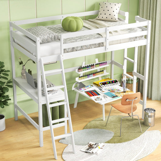 Twin Size Loft Bed Frame with Desk Angled and Built-in Ladder-White