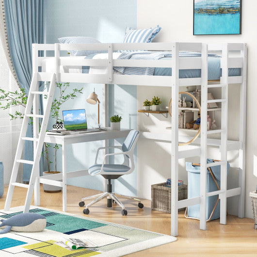 Twin Size Loft Bed Frame with Desk Angled and Built-in Ladder-White