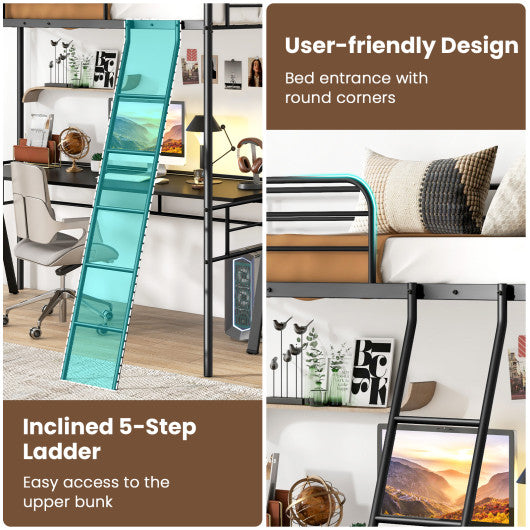 Twin Size Loft Bed Metal Bed Frame with Ladder and Guardrails-Black