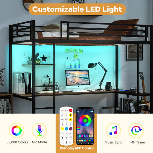 Twin Size Loft Bed Raised Platform Bed with Desk and 2 Storage Shelves-Black