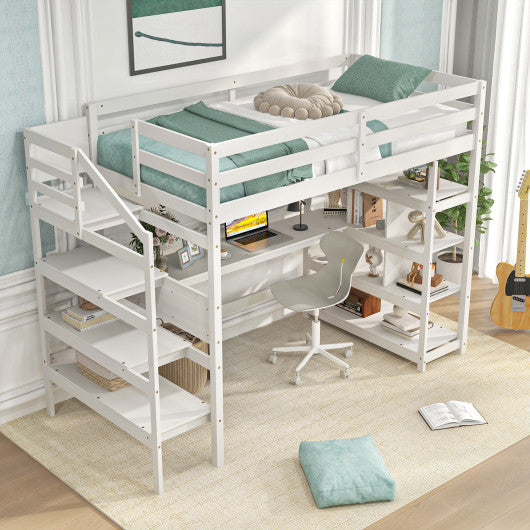 Twin Size Loft Bed with Desk and Storage Stairs Loft Bed Frame with Shelves and Safety Guardrails-White