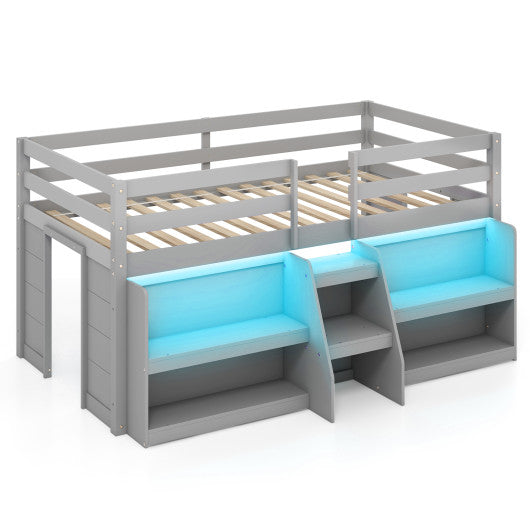 Twin Size Loft Bed with LED Lights with Staircase and Safety Guardrail-Gray