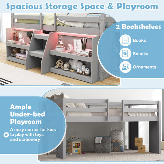 Twin Size Loft Bed with LED Lights with Staircase and Safety Guardrail-Gray
