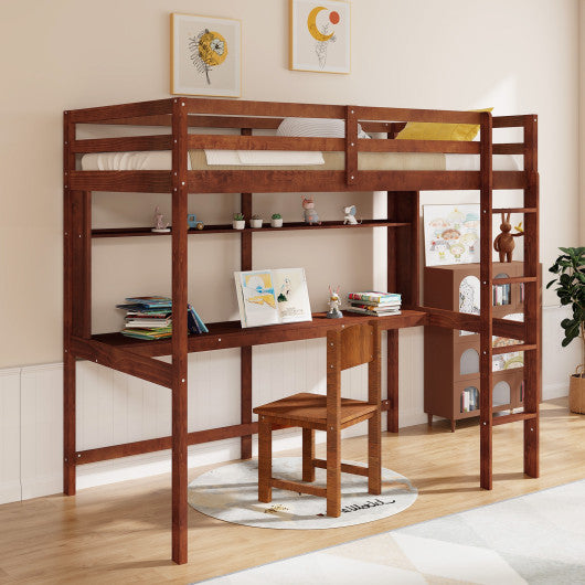 Twin Size Solid Wood Slatted Loft Bed Frame with Safety Guardrail for Kid-Brown