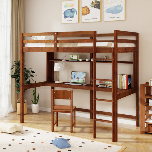 Twin Size Solid Wood Slatted Loft Bed Frame with Safety Guardrail for Kid-Brown