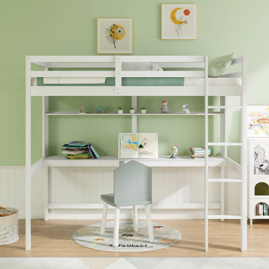 Twin Size Solid Wood Slatted Loft Bed Frame with Safety Guardrail for Kid-White