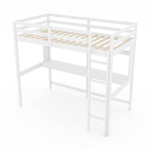 Twin Size Solid Wood Slatted Loft Bed Frame with Safety Guardrail for Kid-White