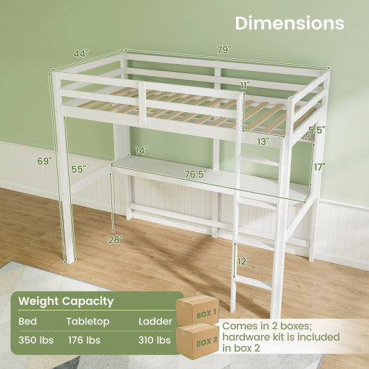 Twin Size Solid Wood Slatted Loft Bed Frame with Safety Guardrail for Kid-White