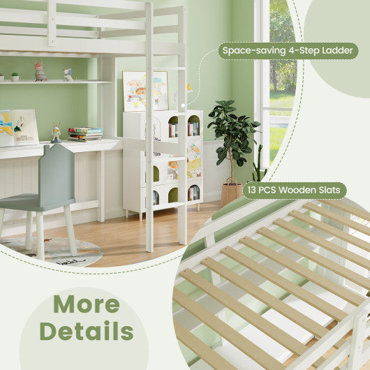 Twin Size Solid Wood Slatted Loft Bed Frame with Safety Guardrail for Kid-White
