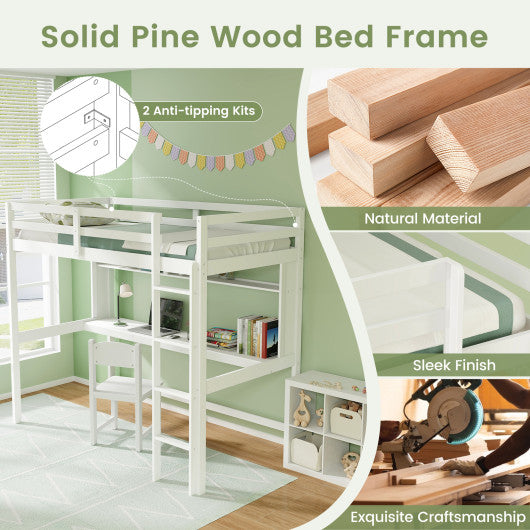 Twin Size Solid Wood Slatted Loft Bed Frame with Safety Guardrail for Kid-White