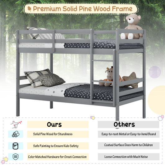 Twin Size Sturdy Wooden Bunk Beds with Ladder and Safety Rail-Gray