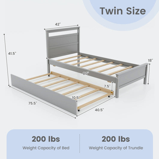 Twin Size Wooden Bed Frame with Trundle for Teens and Adults-Gray
